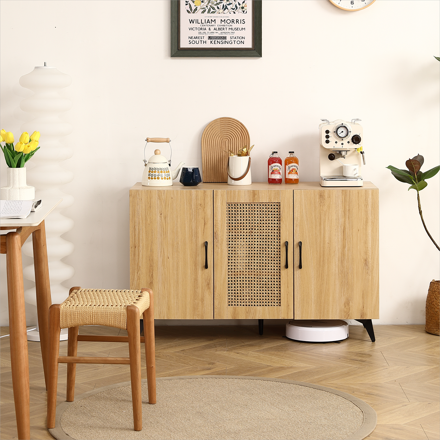 Three-Door Cabinet with Natural Rattan Mesh - Large Storage Space