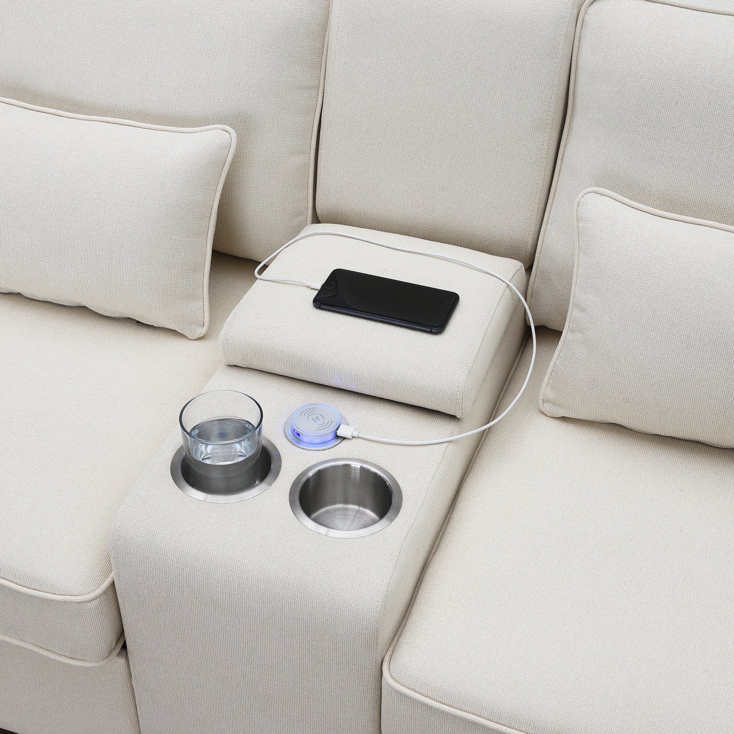 Upholstered Sofa with Console, 2 Cupholders and 2 USB Ports Wired or Wirelessly Charged, Modern Linen Fabric Couches with 4 Pillows