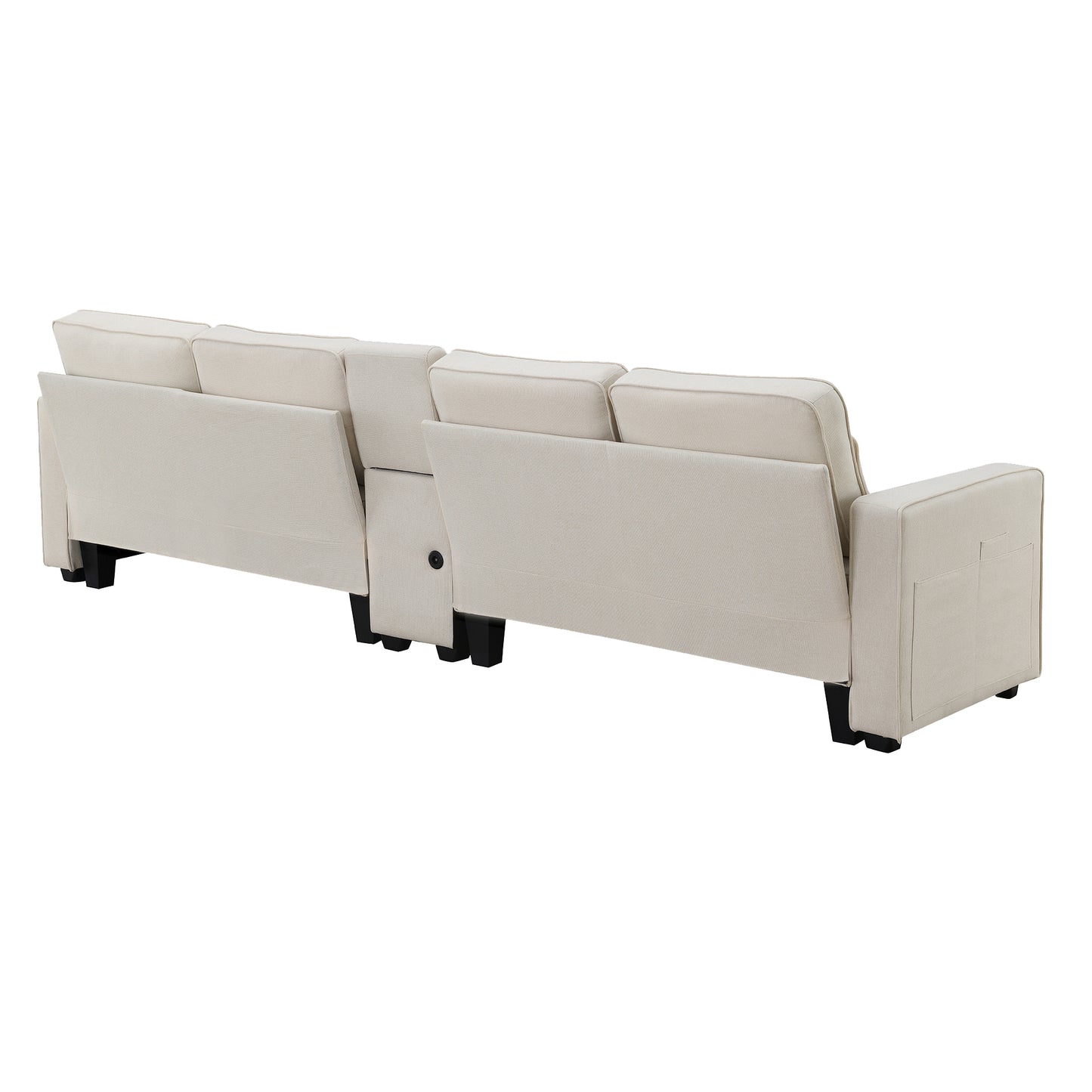 Upholstered Sofa with Console, 2 Cupholders and 2 USB Ports Wired or Wirelessly Charged, Modern Linen Fabric Couches with 4 Pillows