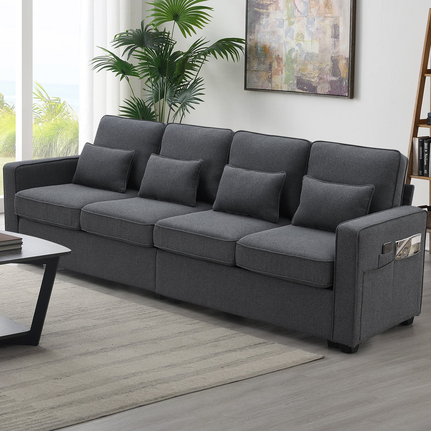 Modern 4-Seater Linen Fabric Sofa with Armrest Pockets and 4 Pillows