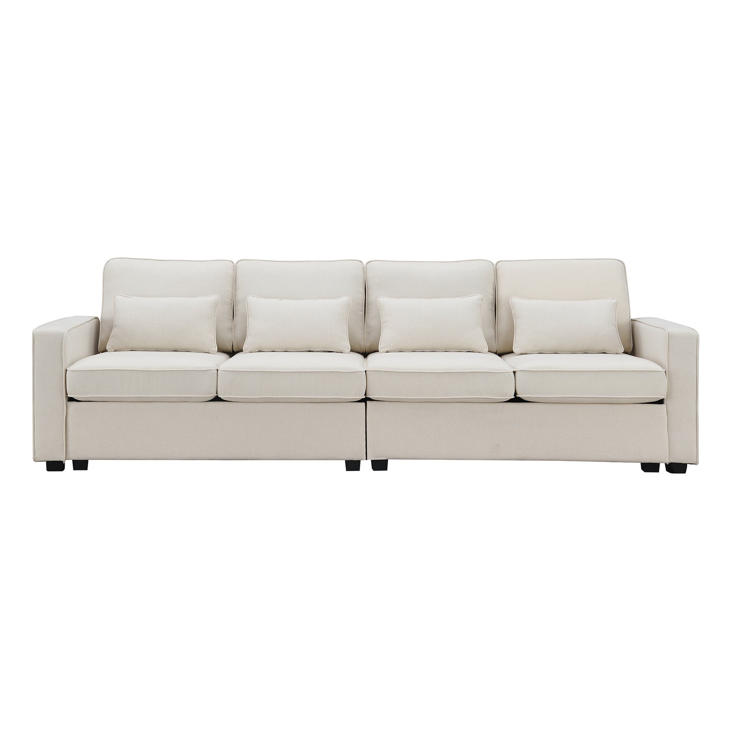 Modern 4-Seater Linen Fabric Sofa with Armrest Pockets and 4 Pillows