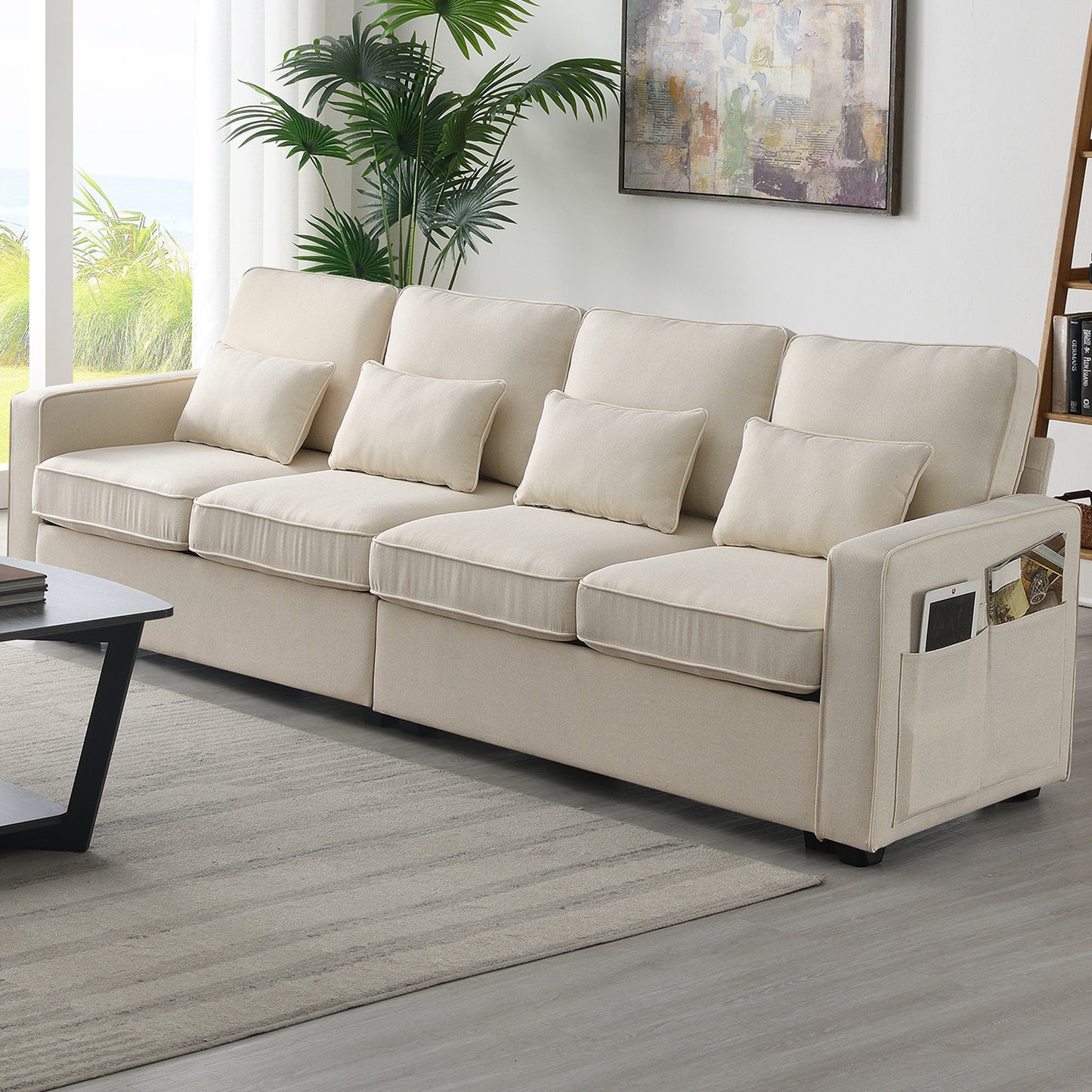 Modern 4-Seater Linen Fabric Sofa with Armrest Pockets and 4 Pillows