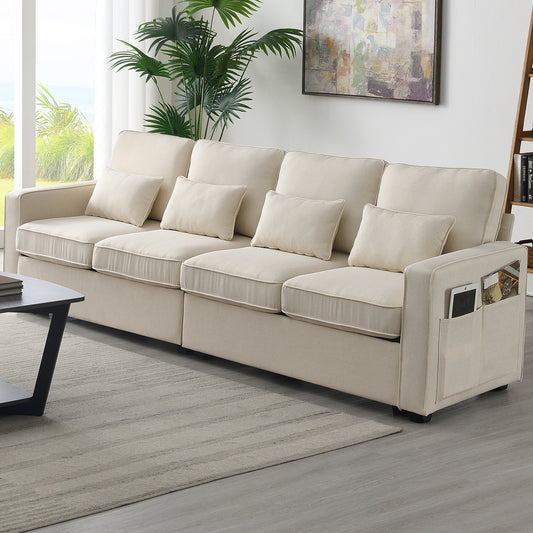 Modern 4-Seater Linen Fabric Sofa with Armrest Pockets and 4 Pillows