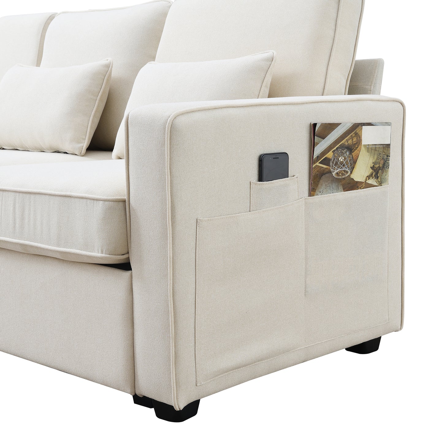 Upholstered Sofa with Console, 2 Cupholders and 2 USB Ports Wired or Wirelessly Charged, Modern Linen Fabric Couches with 4 Pillows