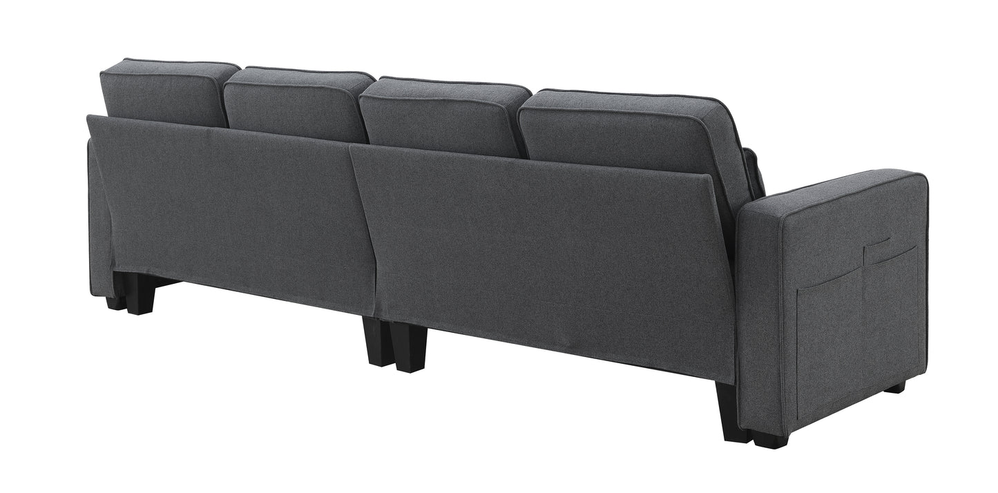 Modern 4-Seater Linen Fabric Sofa with Armrest Pockets and 4 Pillows
