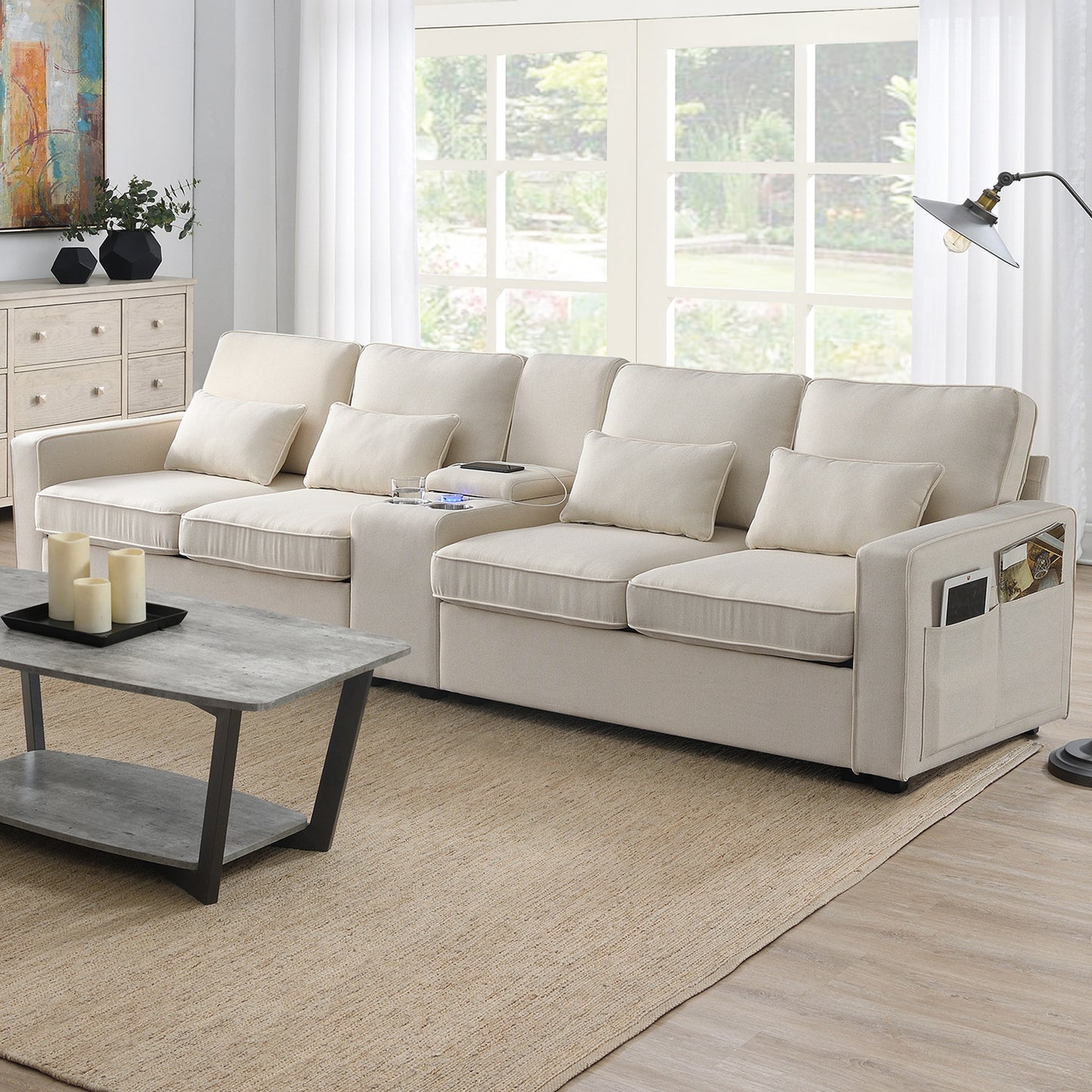 Upholstered Sofa with Console, 2 Cupholders and 2 USB Ports Wired or Wirelessly Charged, Modern Linen Fabric Couches with 4 Pillows