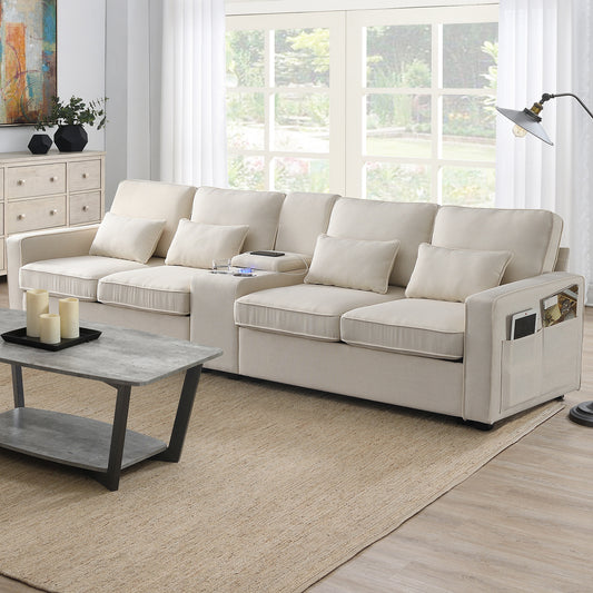 Upholstered Sofa with Console, 2 Cupholders and 2 USB Ports Wired or Wirelessly Charged, Modern Linen Fabric Couches with 4 Pillows