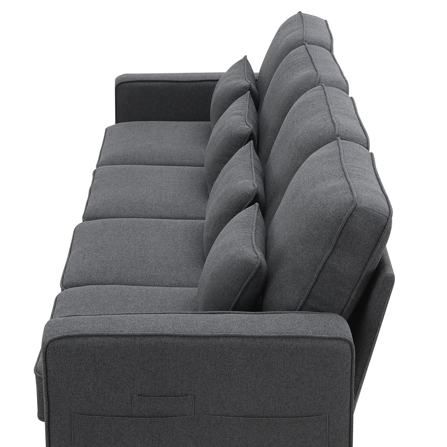 Modern 4-Seater Linen Fabric Sofa with Armrest Pockets and 4 Pillows