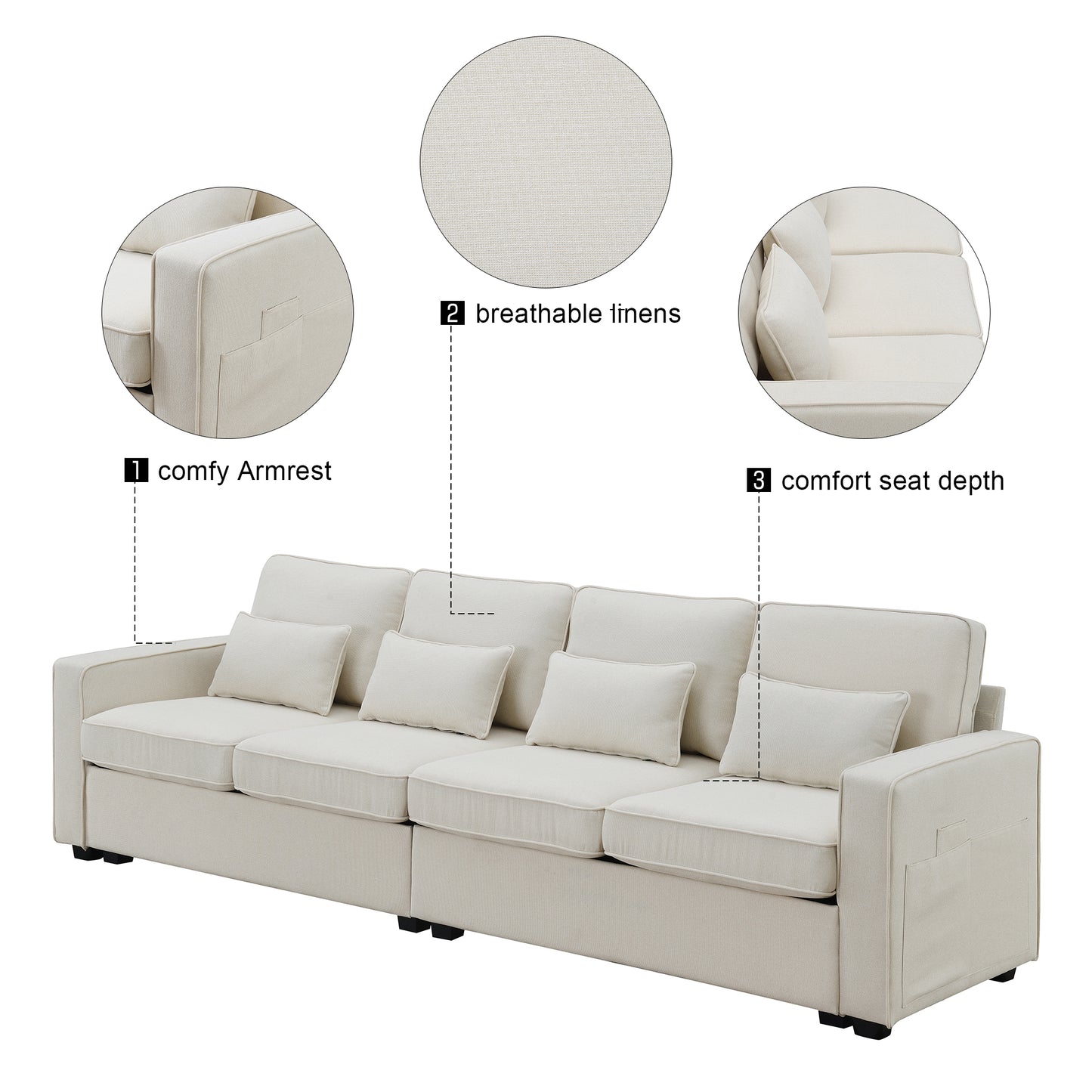 Modern 4-Seater Linen Fabric Sofa with Armrest Pockets and 4 Pillows