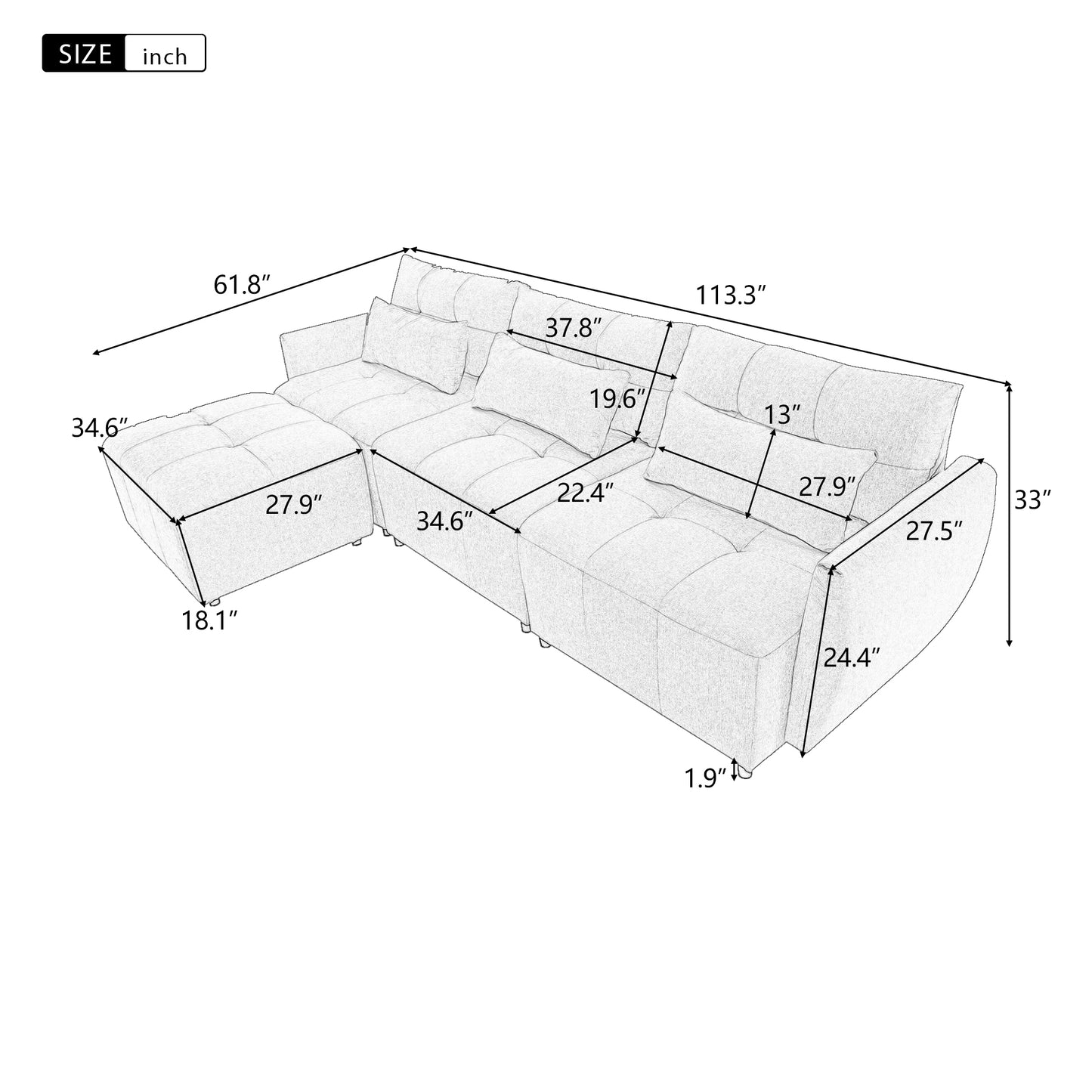 3-Seat Convertible L-Shaped Sectional Sofa with Movable Ottoman and USB