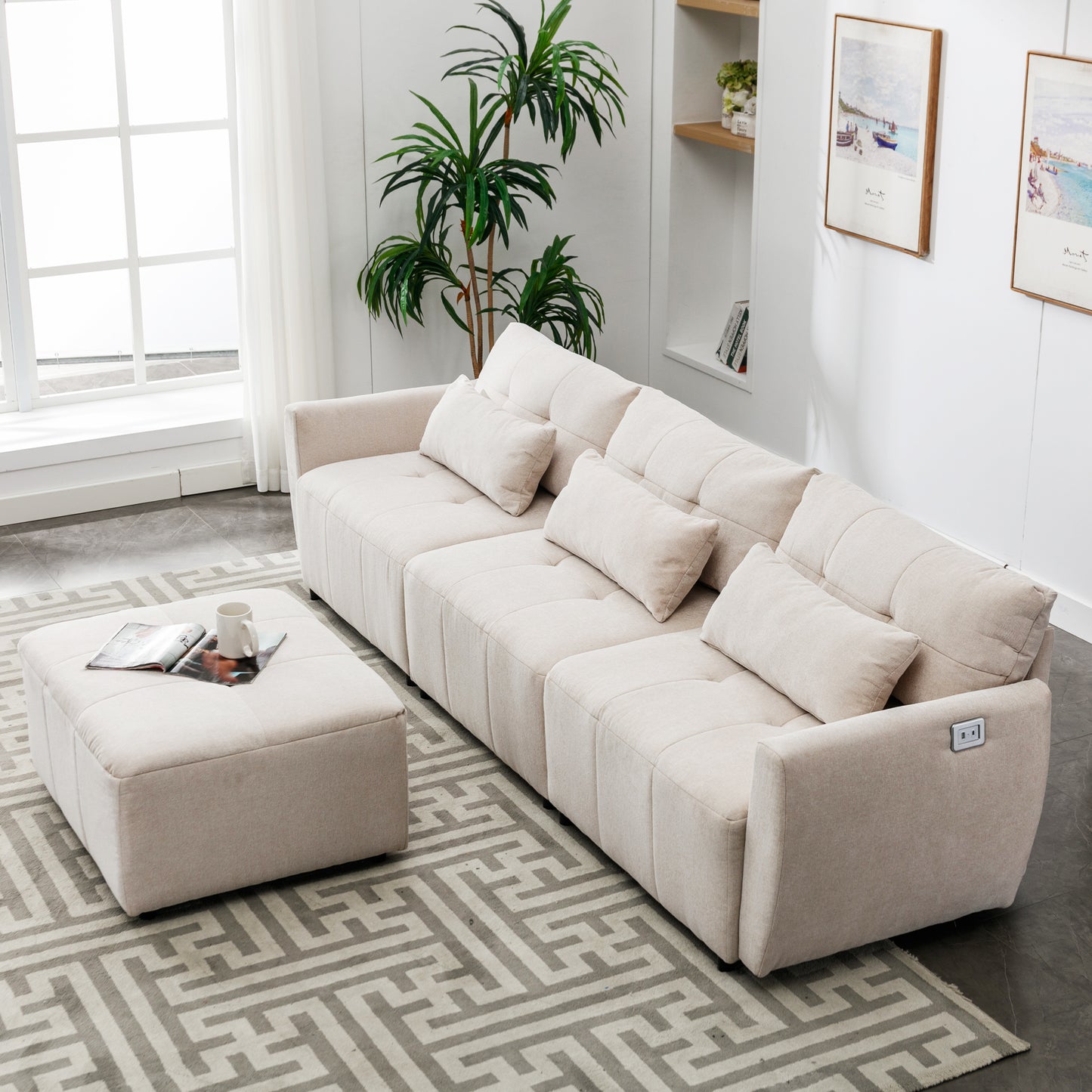 3-Seat Convertible L-Shaped Sectional Sofa with Movable Ottoman and USB