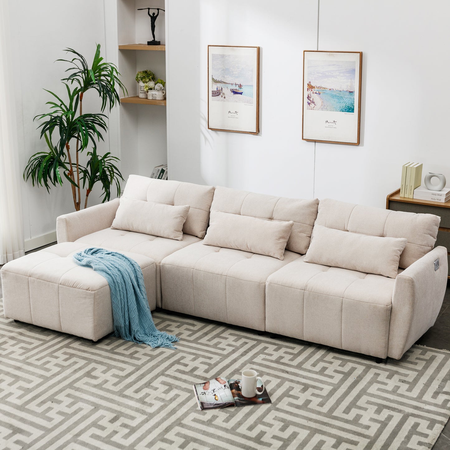 3-Seat Convertible L-Shaped Sectional Sofa with Movable Ottoman and USB