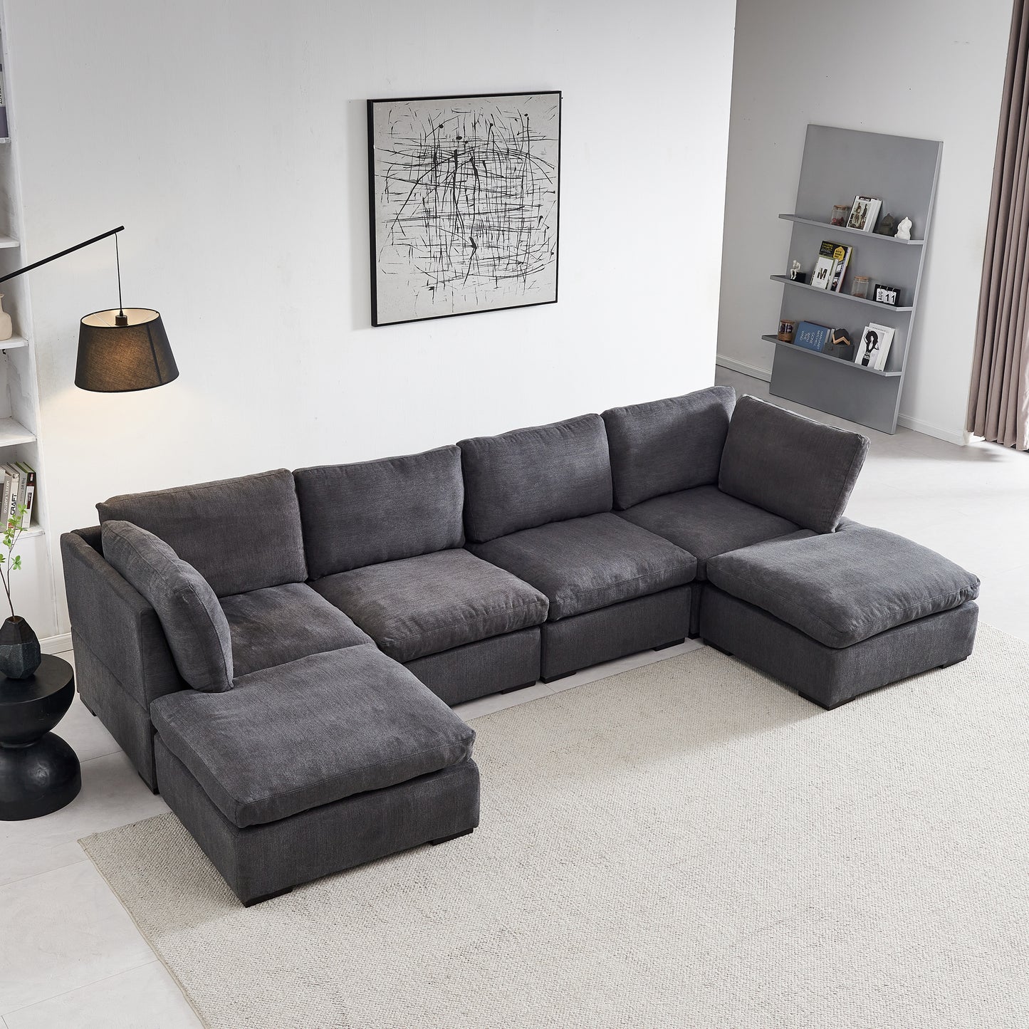 Soft Linen Modular Sofa with Down - Filled Cushions and Ottoman
