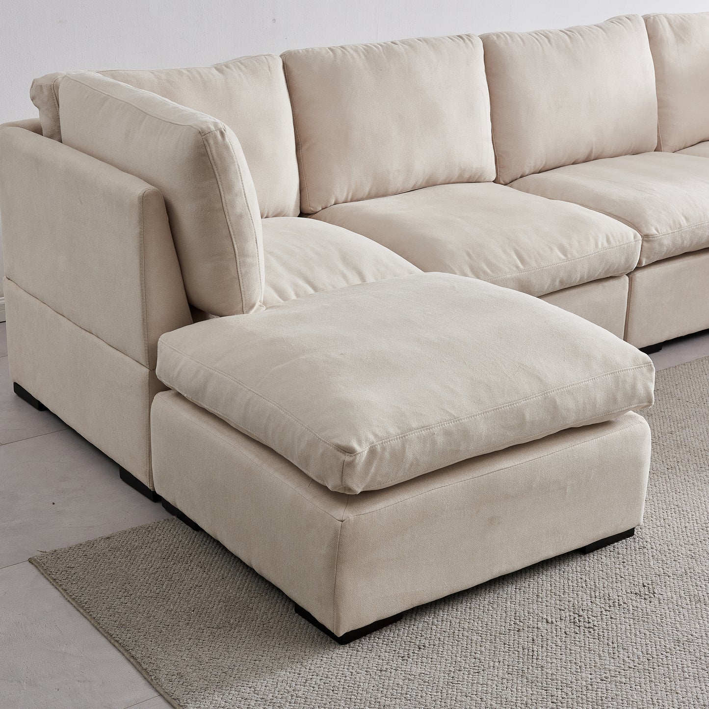 Soft Linen Modular Sofa with Down - Filled Cushions and Ottoman