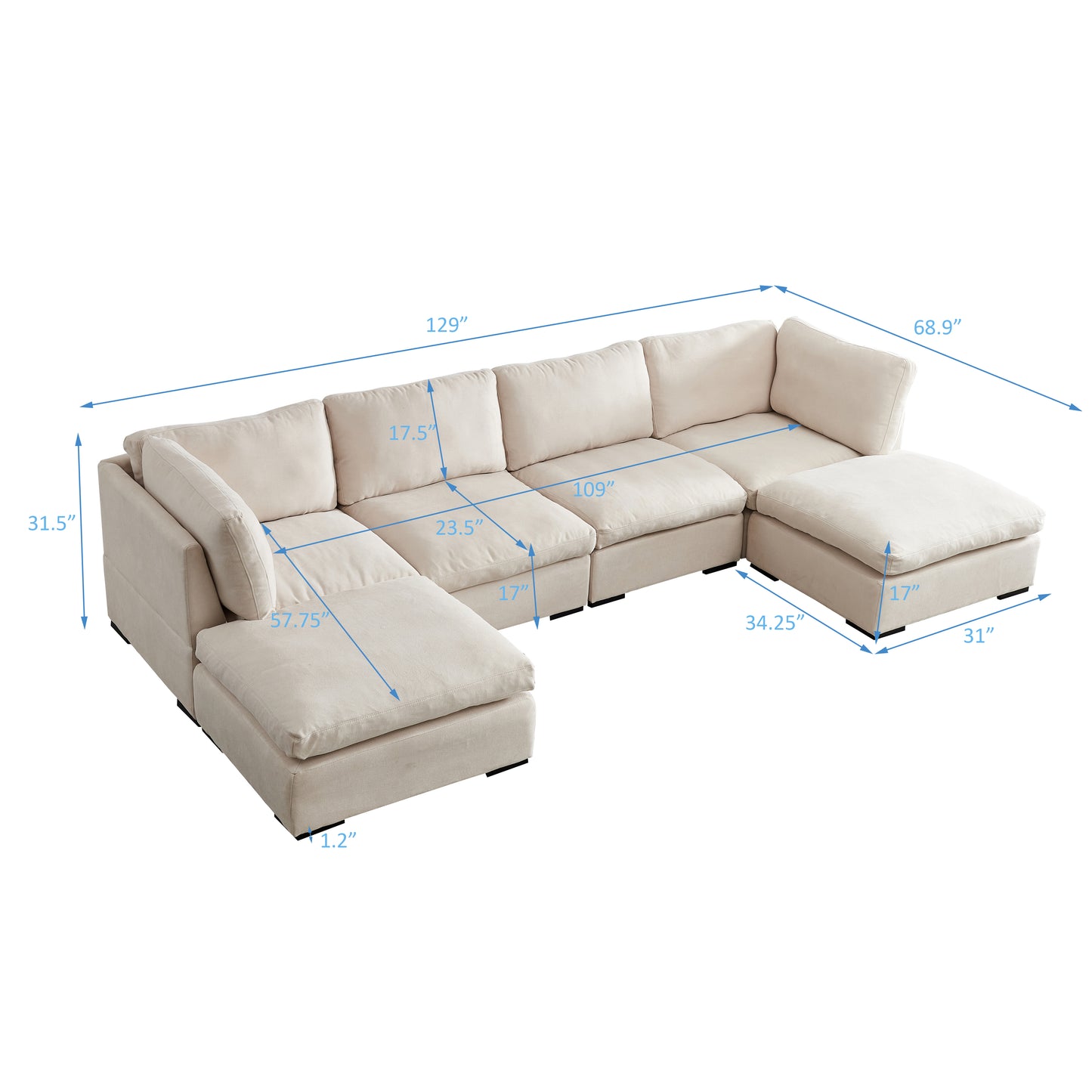 Soft Linen Modular Sofa with Down - Filled Cushions and Ottoman