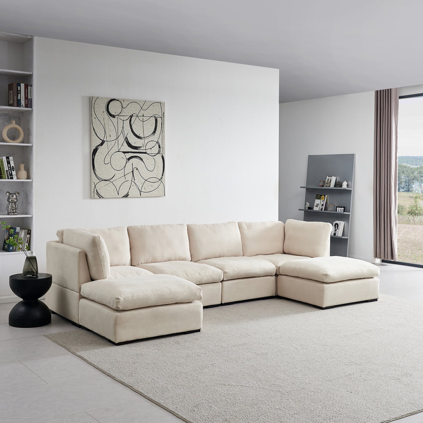 Soft Linen Modular Sofa with Down - Filled Cushions and Ottoman