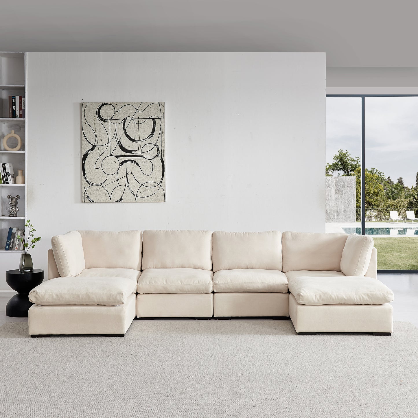 Soft Linen Modular Sofa with Down - Filled Cushions and Ottoman