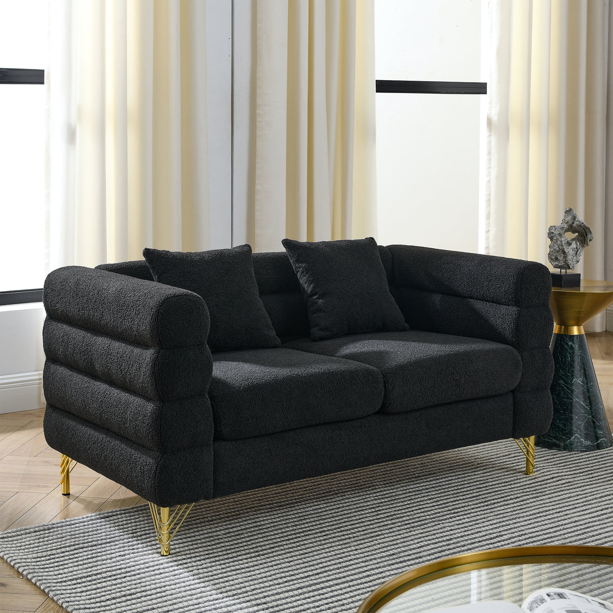 2-3 Seater Teddy Fabric Deep Seating Loveseat Sofa with Pillows – Streamline Modern Design