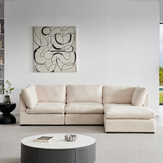 Soft Linen Modular Sofa with Down - Filled Cushions and Ottoman