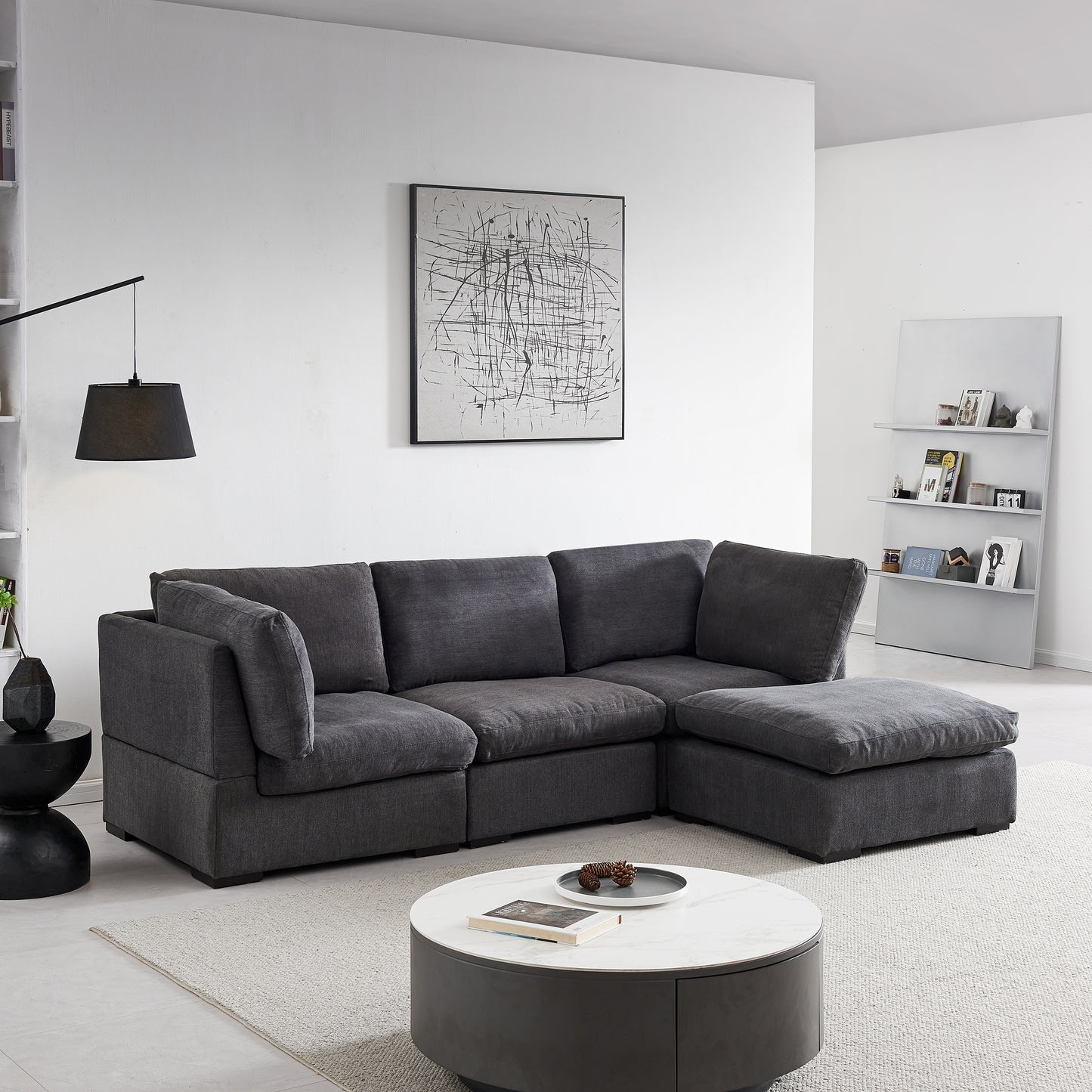 Soft Linen Modular Sofa with Down - Filled Cushions and Ottoman