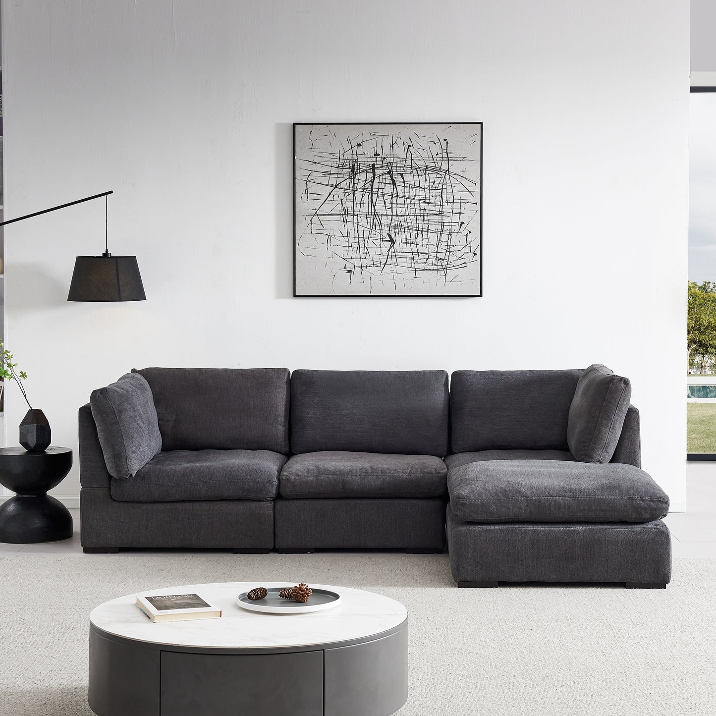 Soft Linen Modular Sofa with Down - Filled Cushions and Ottoman