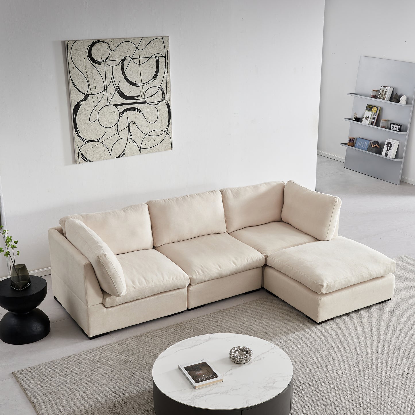 Soft Linen Modular Sofa with Down - Filled Cushions and Ottoman