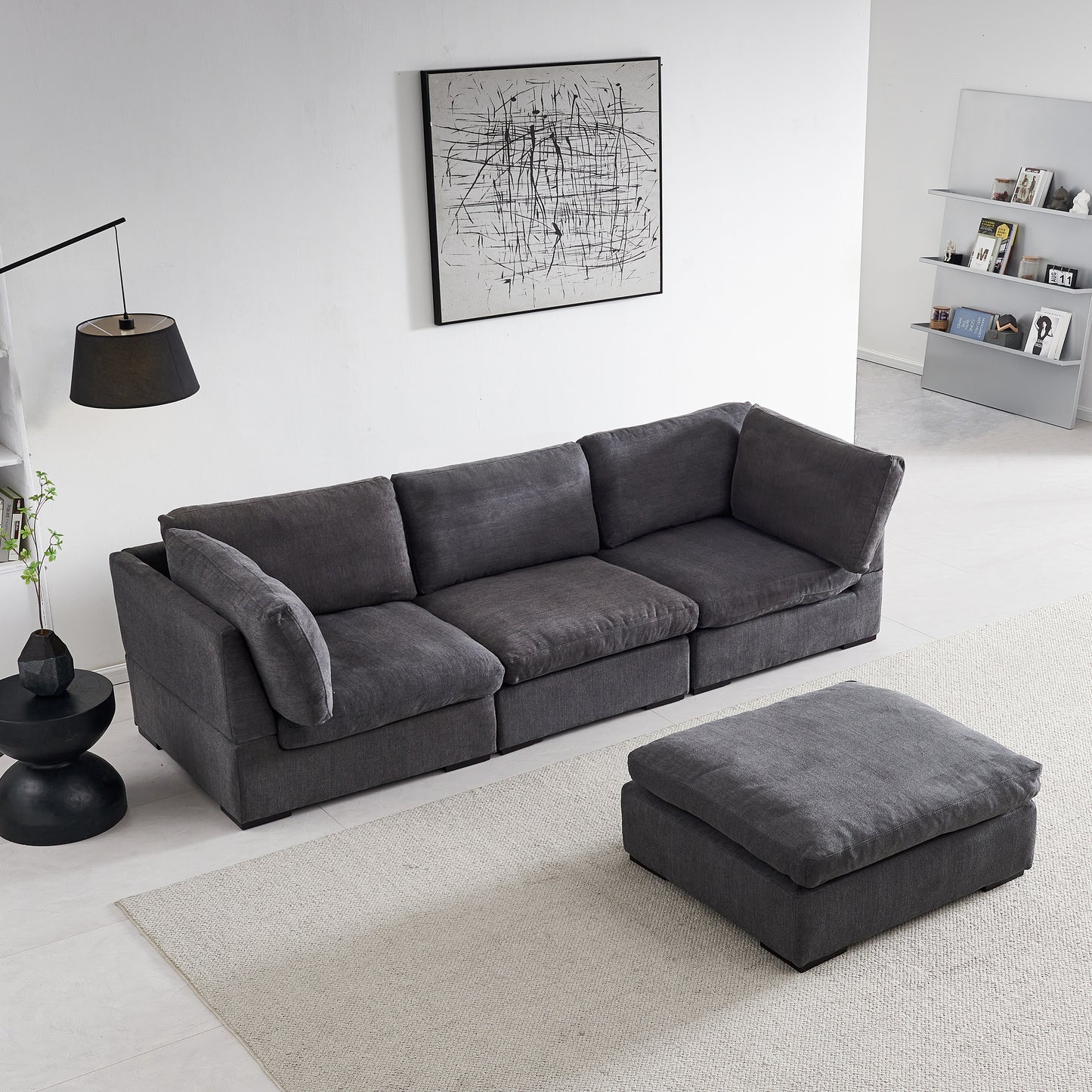 Soft Linen Modular Sofa with Down - Filled Cushions and Ottoman