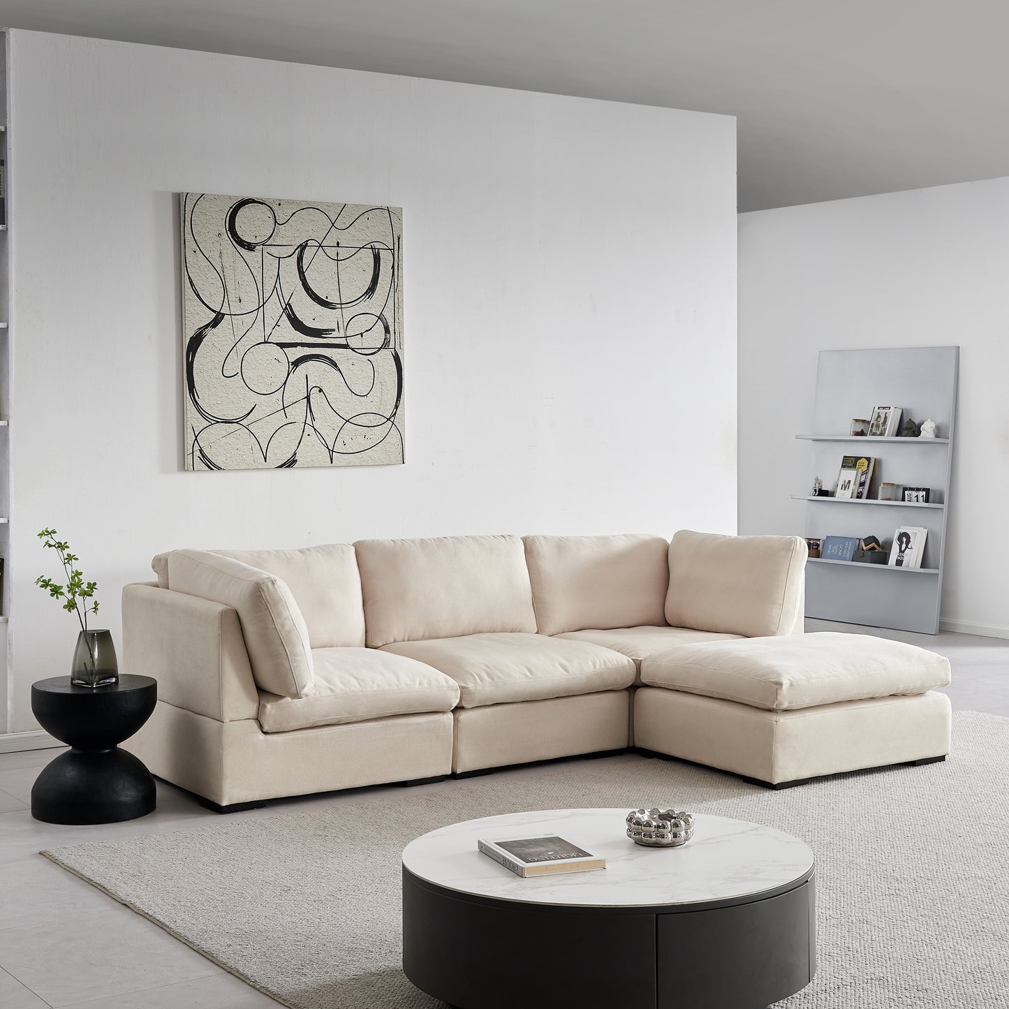 Soft Linen Modular Sofa with Down - Filled Cushions and Ottoman