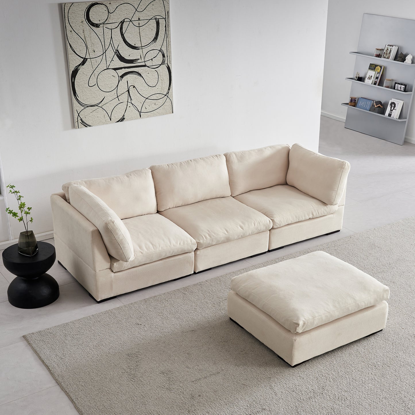 Soft Linen Modular Sofa with Down - Filled Cushions and Ottoman