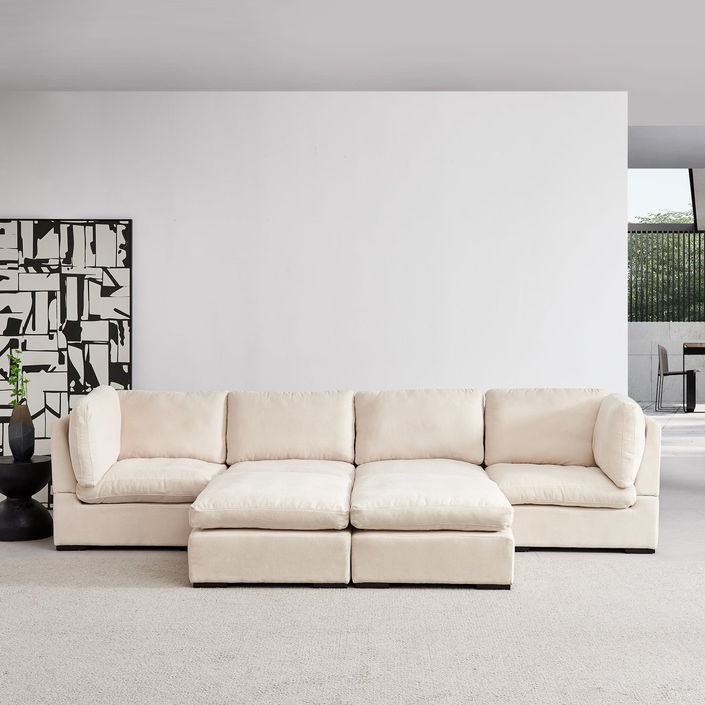 Soft Linen Modular Sofa with Down - Filled Cushions and Ottoman