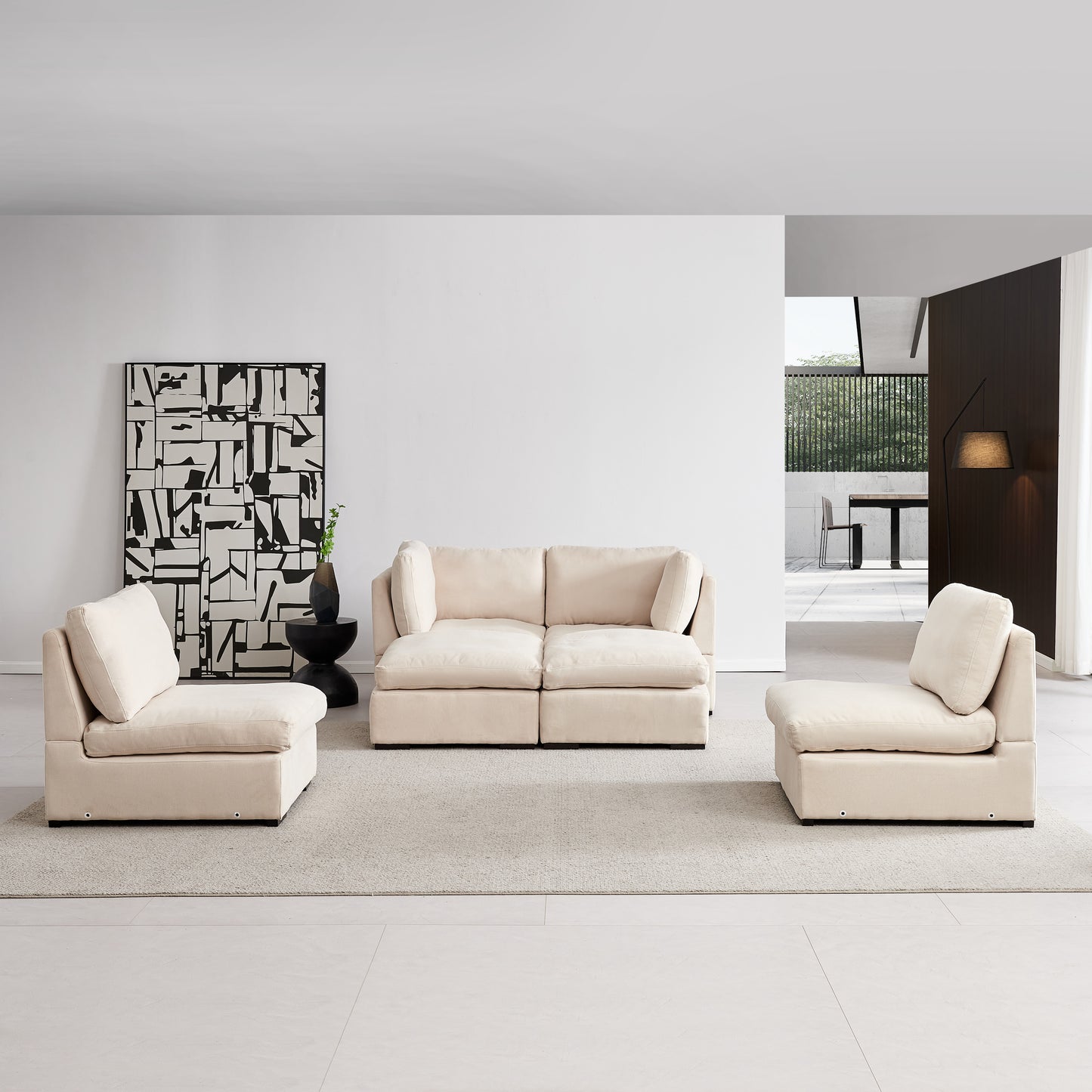 Soft Linen Modular Sofa with Down - Filled Cushions and Ottoman