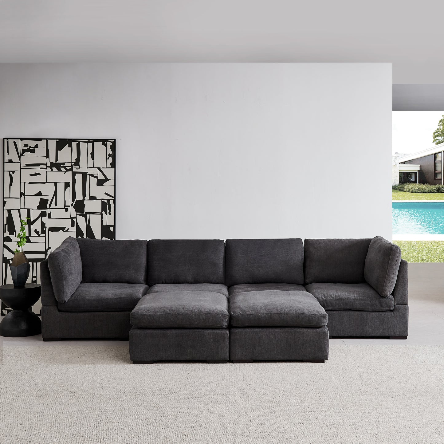 Soft Linen Modular Sofa with Down - Filled Cushions and Ottoman