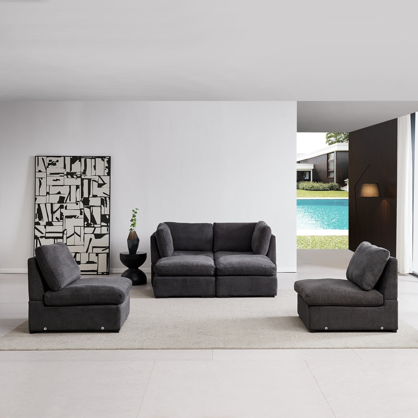 Soft Linen Modular Sofa with Down - Filled Cushions and Ottoman