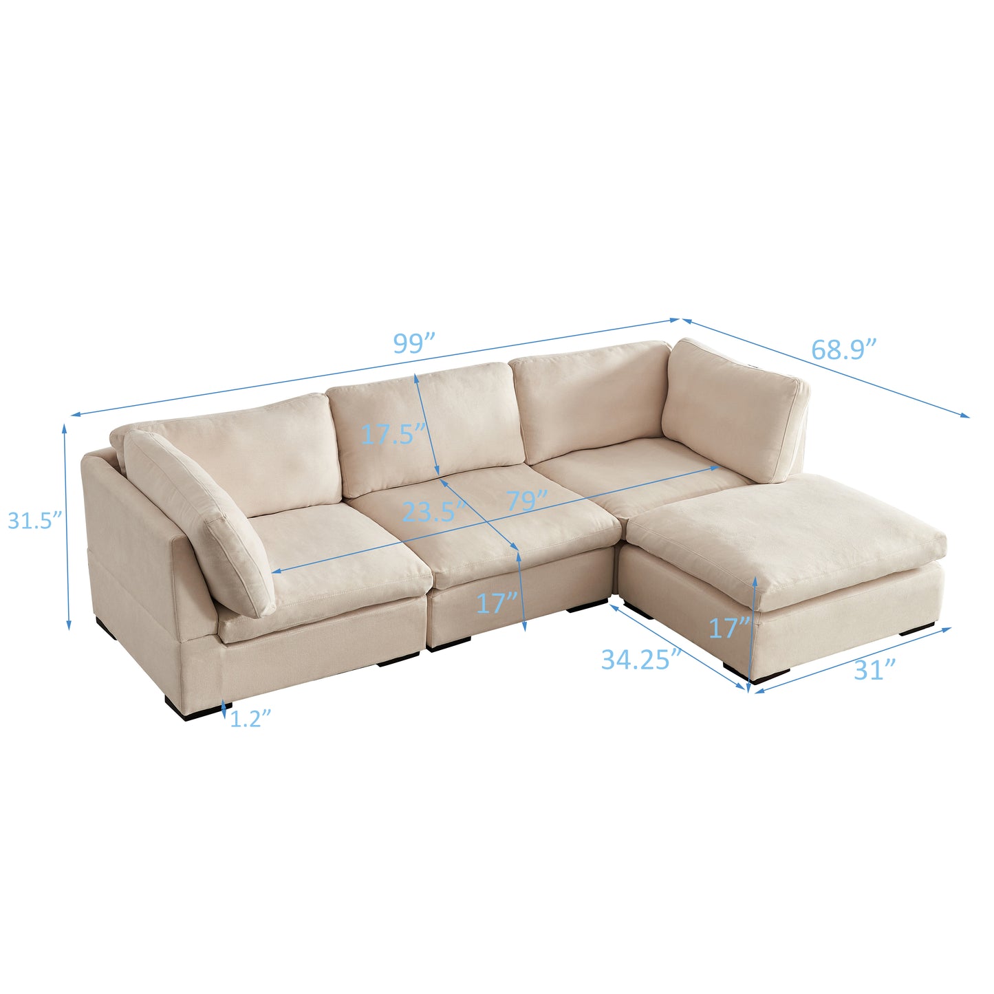 Soft Linen Modular Sofa with Down - Filled Cushions and Ottoman