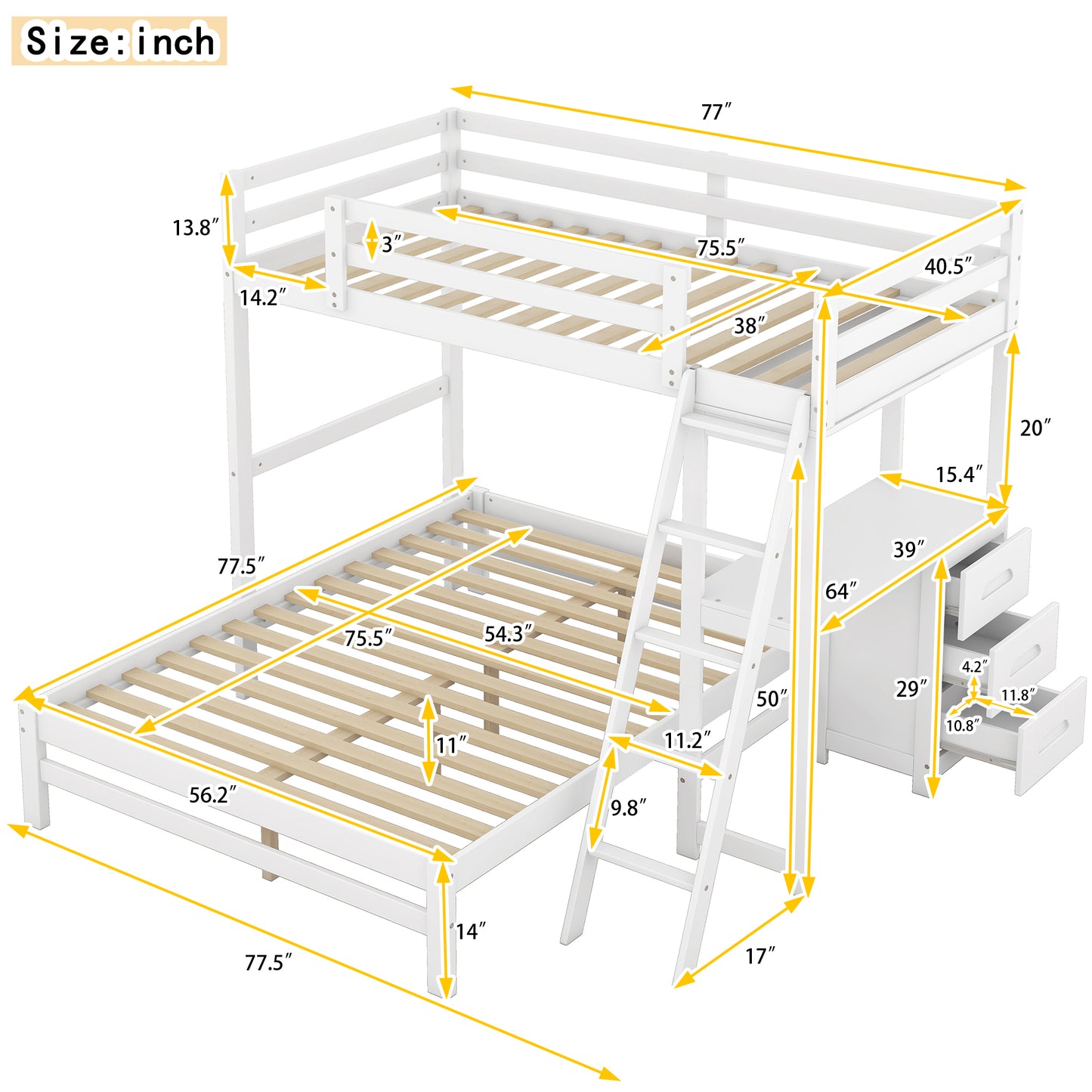 Bunk Bed with Desk and Drawers - Twin over Full Size