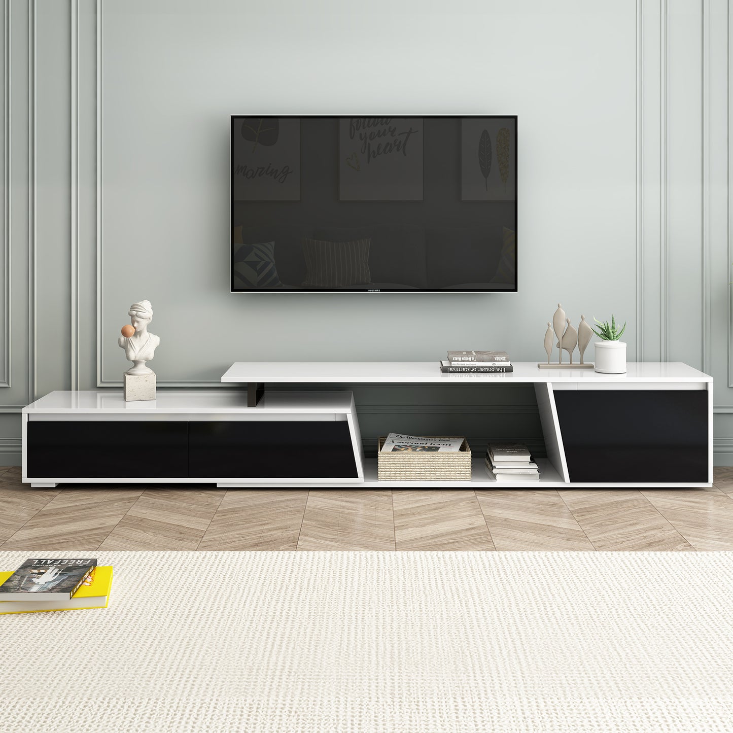 Minimalist Rectangle Extendable TV Stand, TV Cabinet with 2 Drawers and 1 Cabine