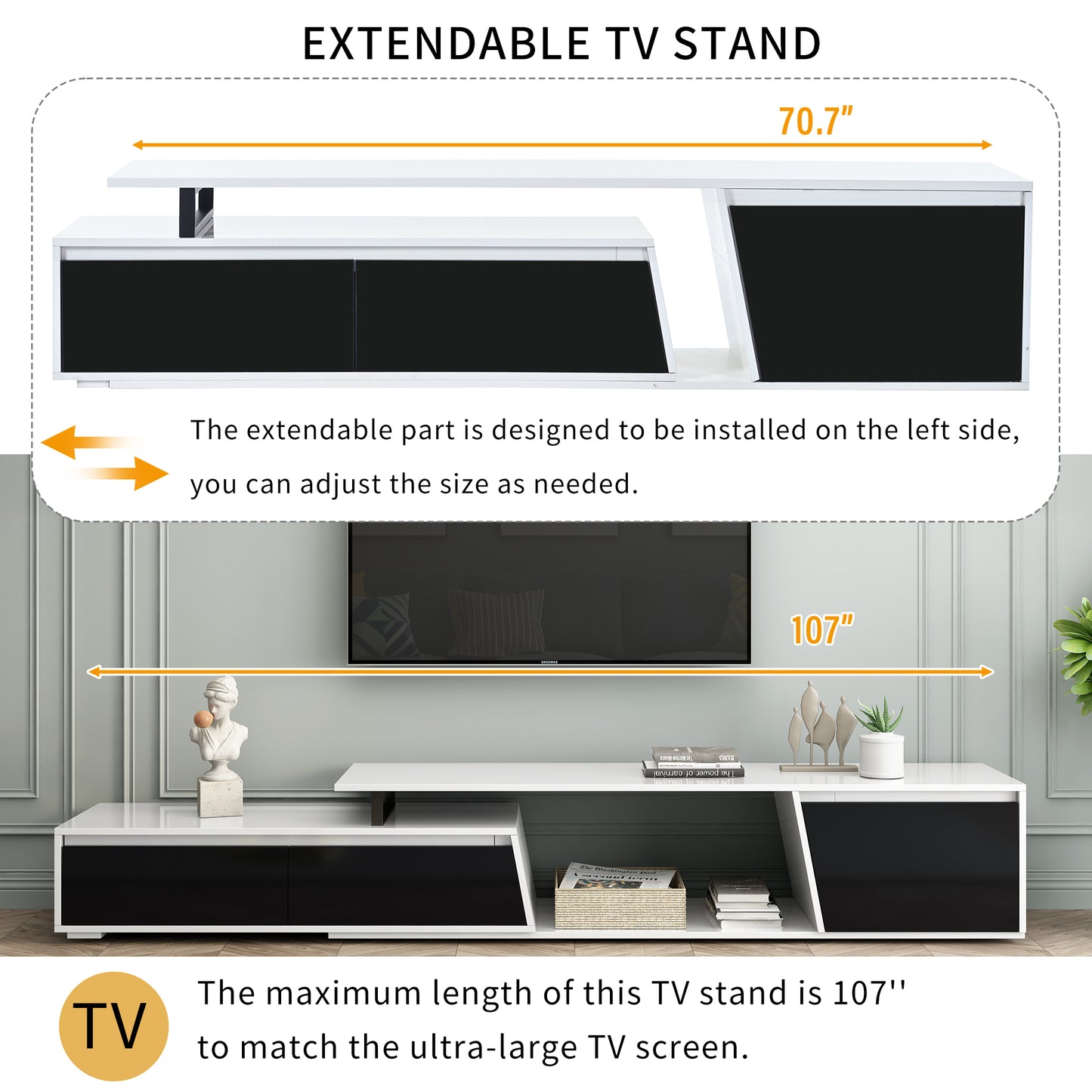 Minimalist Rectangle Extendable TV Stand, TV Cabinet with 2 Drawers and 1 Cabine
