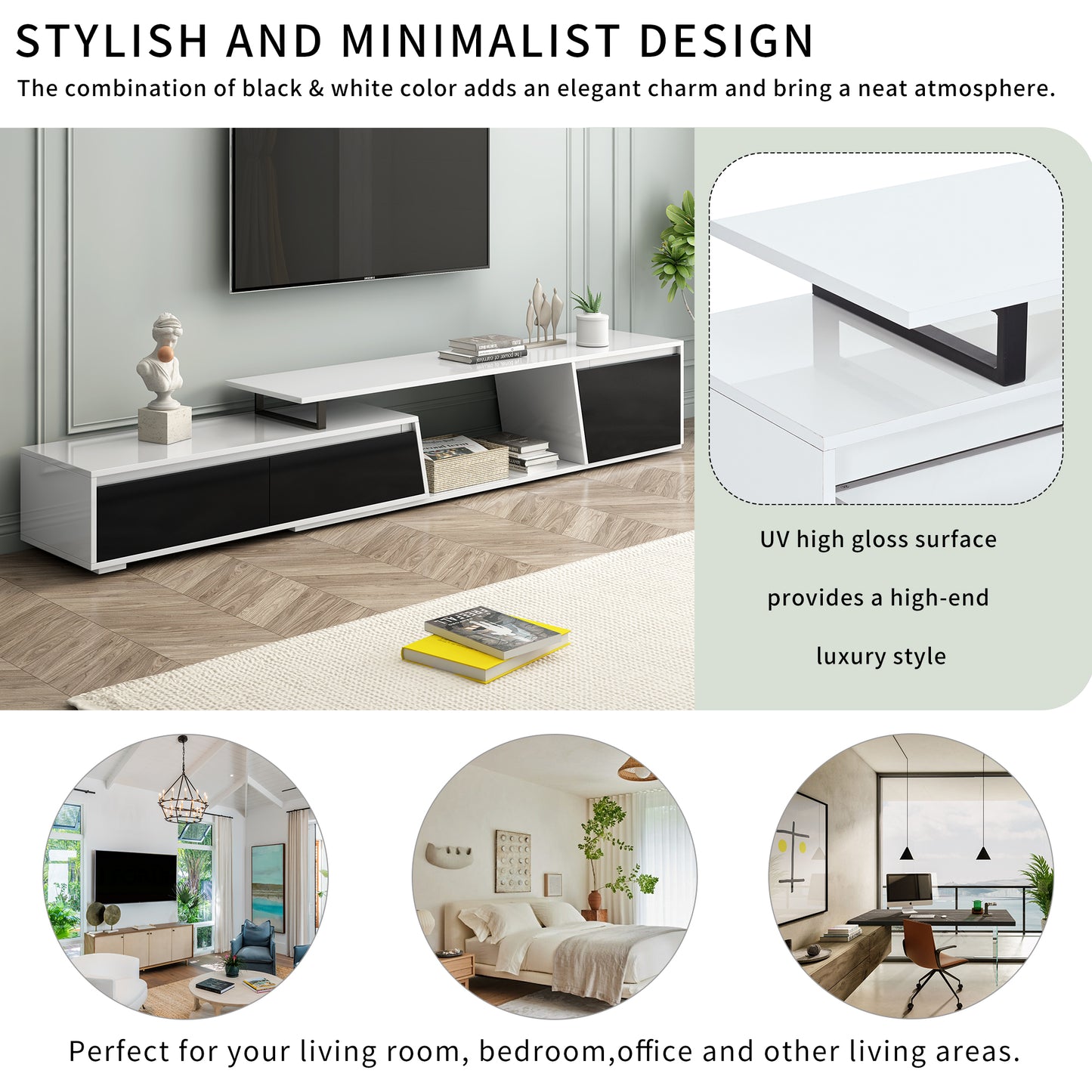 Minimalist Rectangle Extendable TV Stand, TV Cabinet with 2 Drawers and 1 Cabine