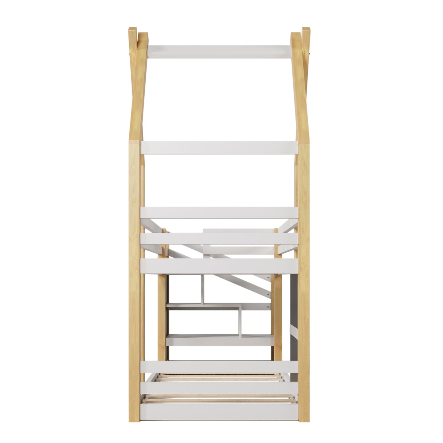 White and Natural Bunk Bed - Twin over Twin, Storage Staircase & Blackboards