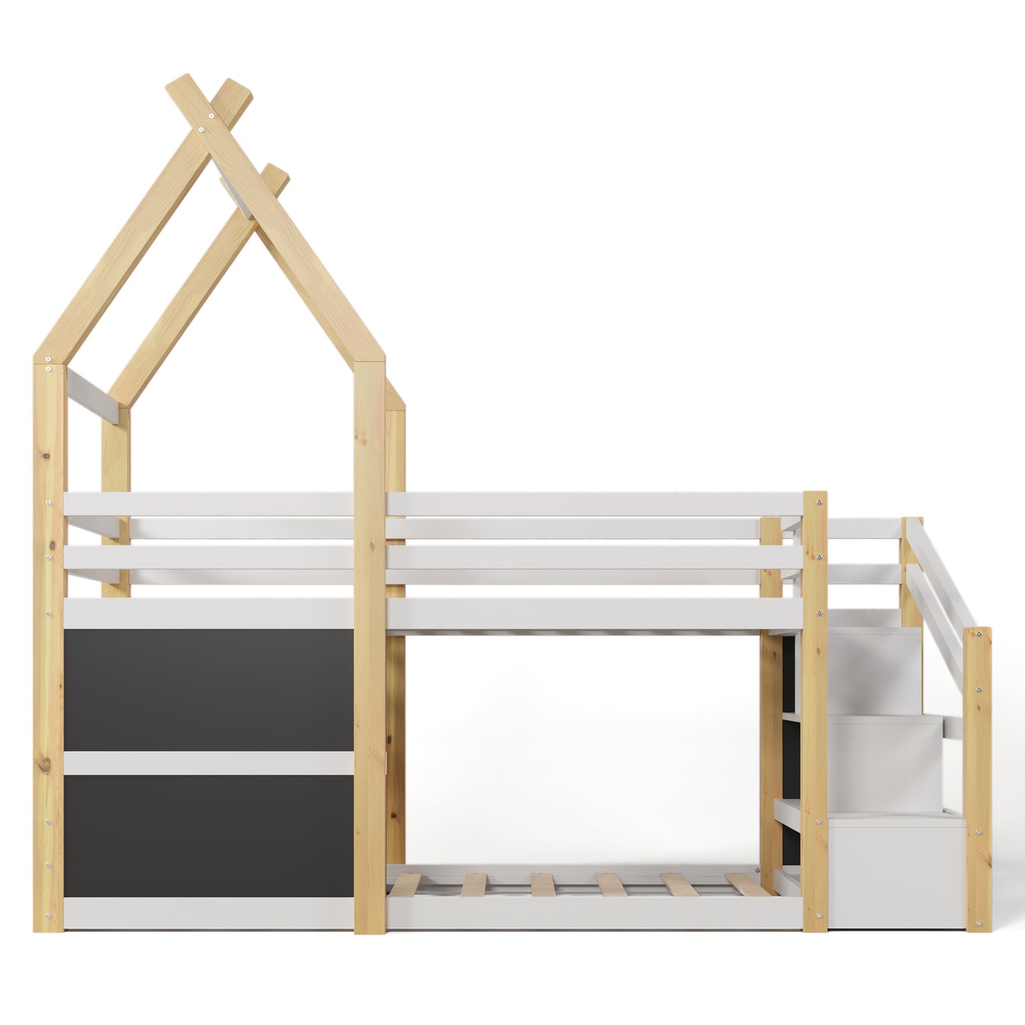 White and Natural Bunk Bed - Twin over Twin, Storage Staircase & Blackboards