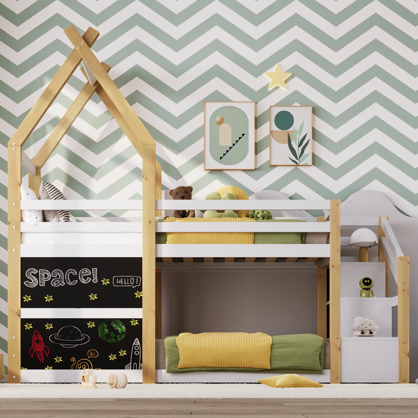 White and Natural Bunk Bed - Twin over Twin, Storage Staircase & Blackboards