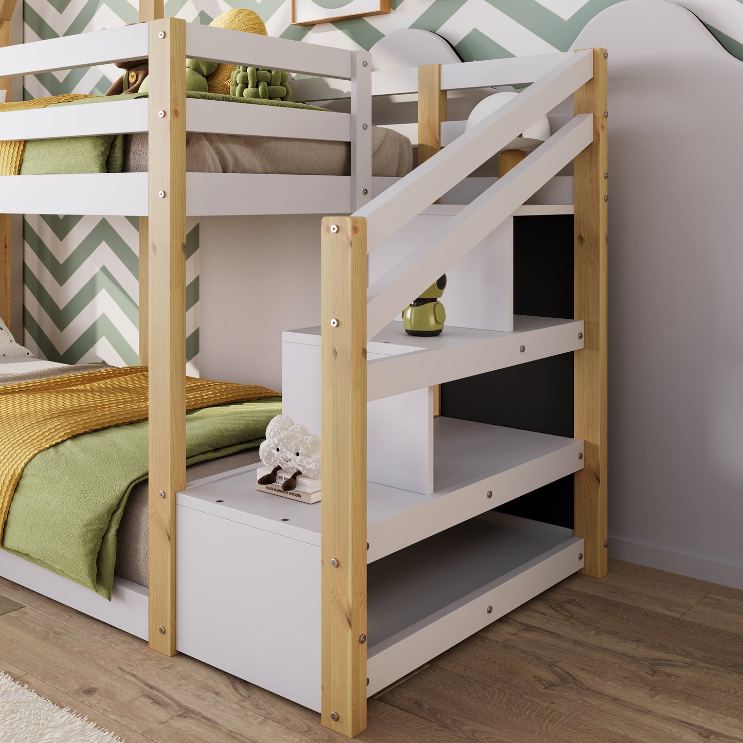 White and Natural Bunk Bed - Twin over Twin, Storage Staircase & Blackboards