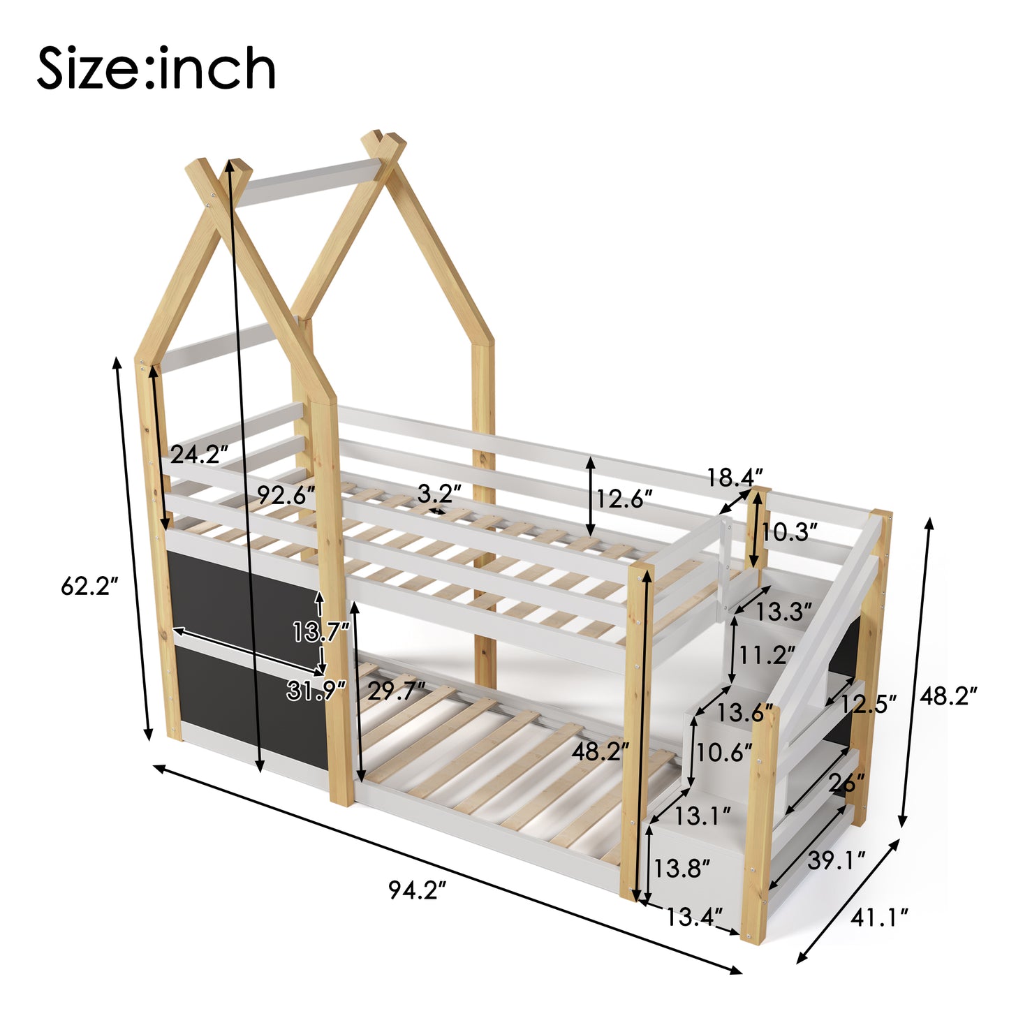 White and Natural Bunk Bed - Twin over Twin, Storage Staircase & Blackboards