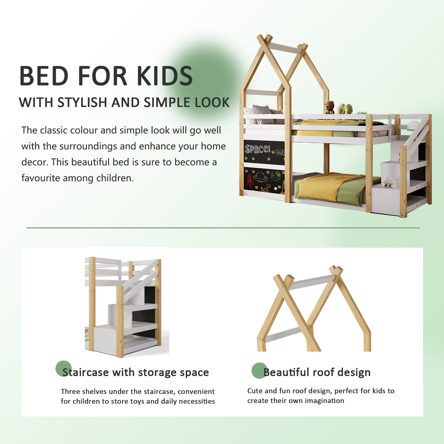 White and Natural Bunk Bed - Twin over Twin, Storage Staircase & Blackboards