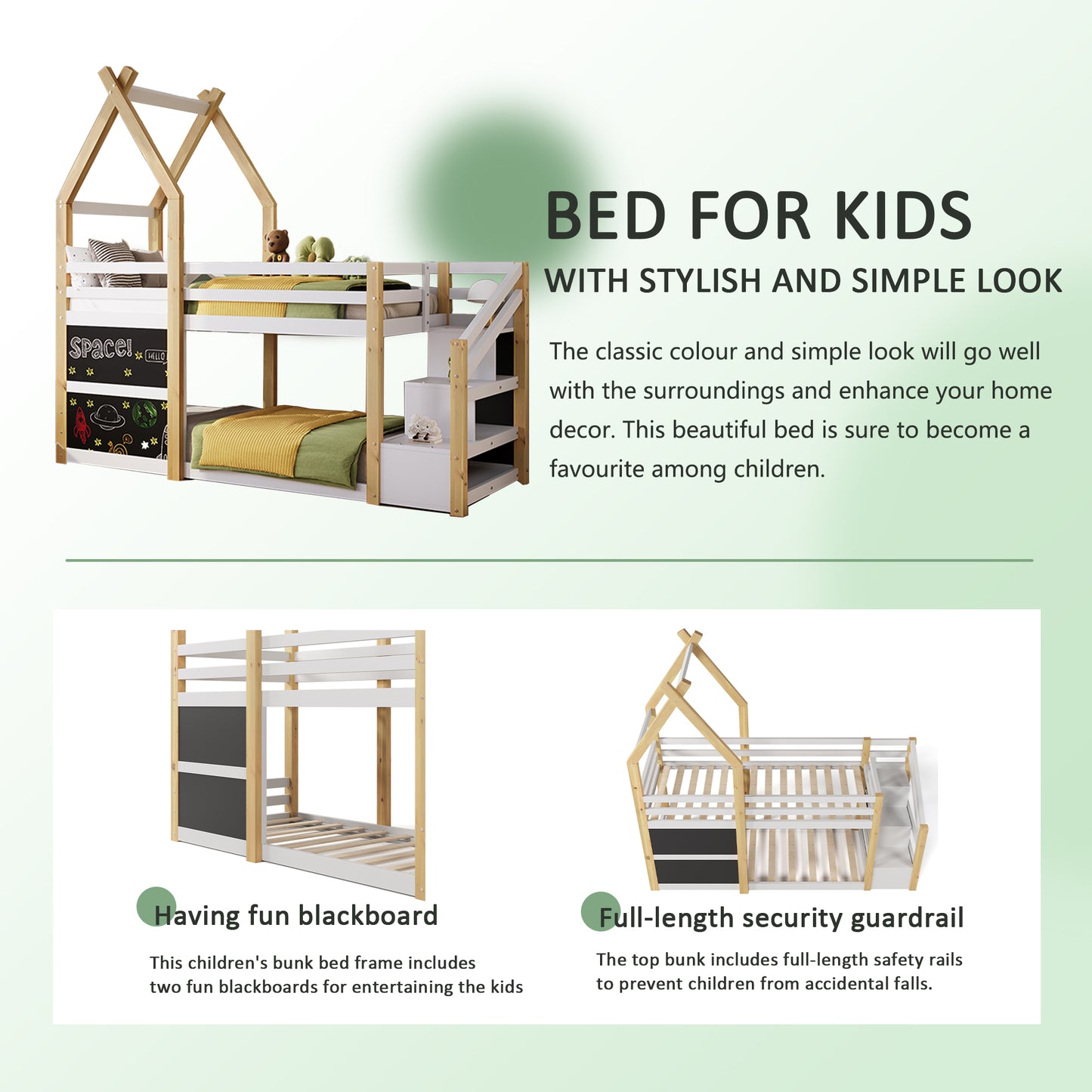 White and Natural Bunk Bed - Twin over Twin, Storage Staircase & Blackboards