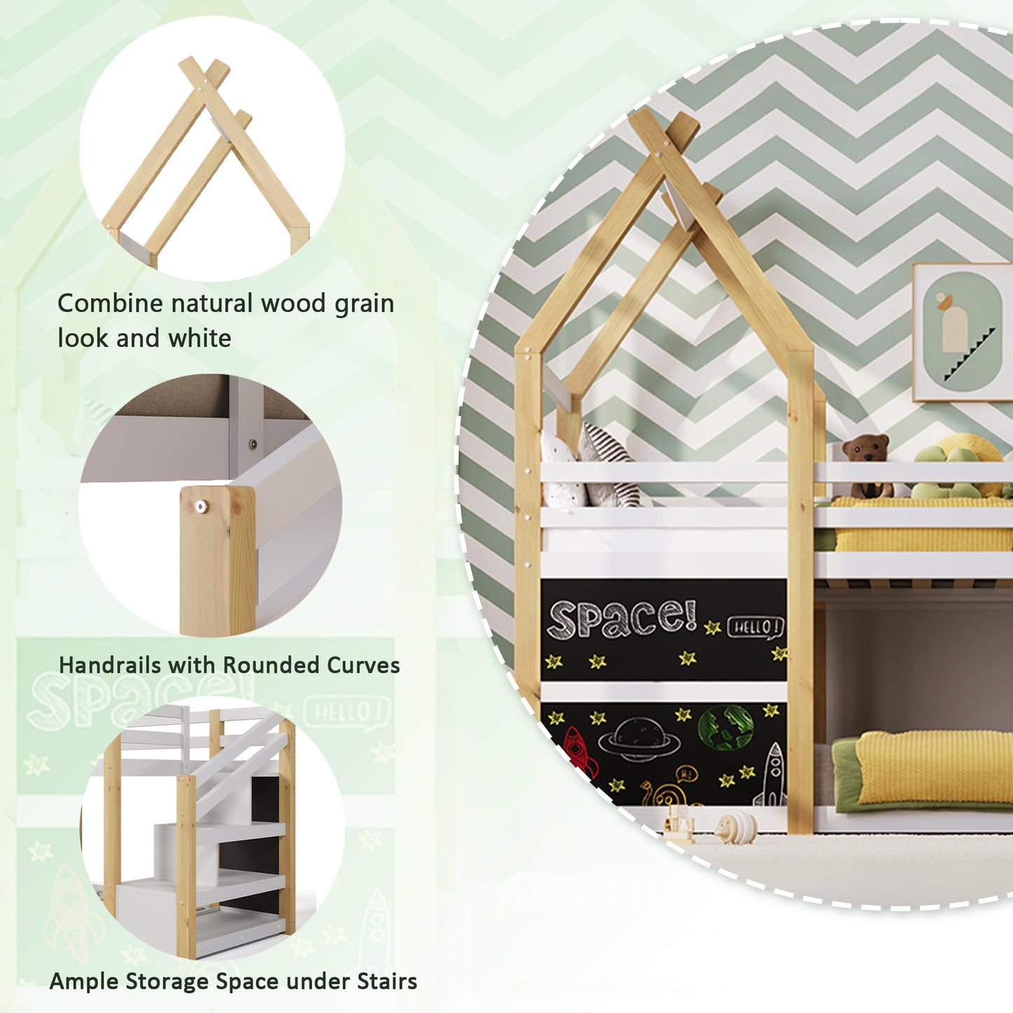 White and Natural Bunk Bed - Twin over Twin, Storage Staircase & Blackboards