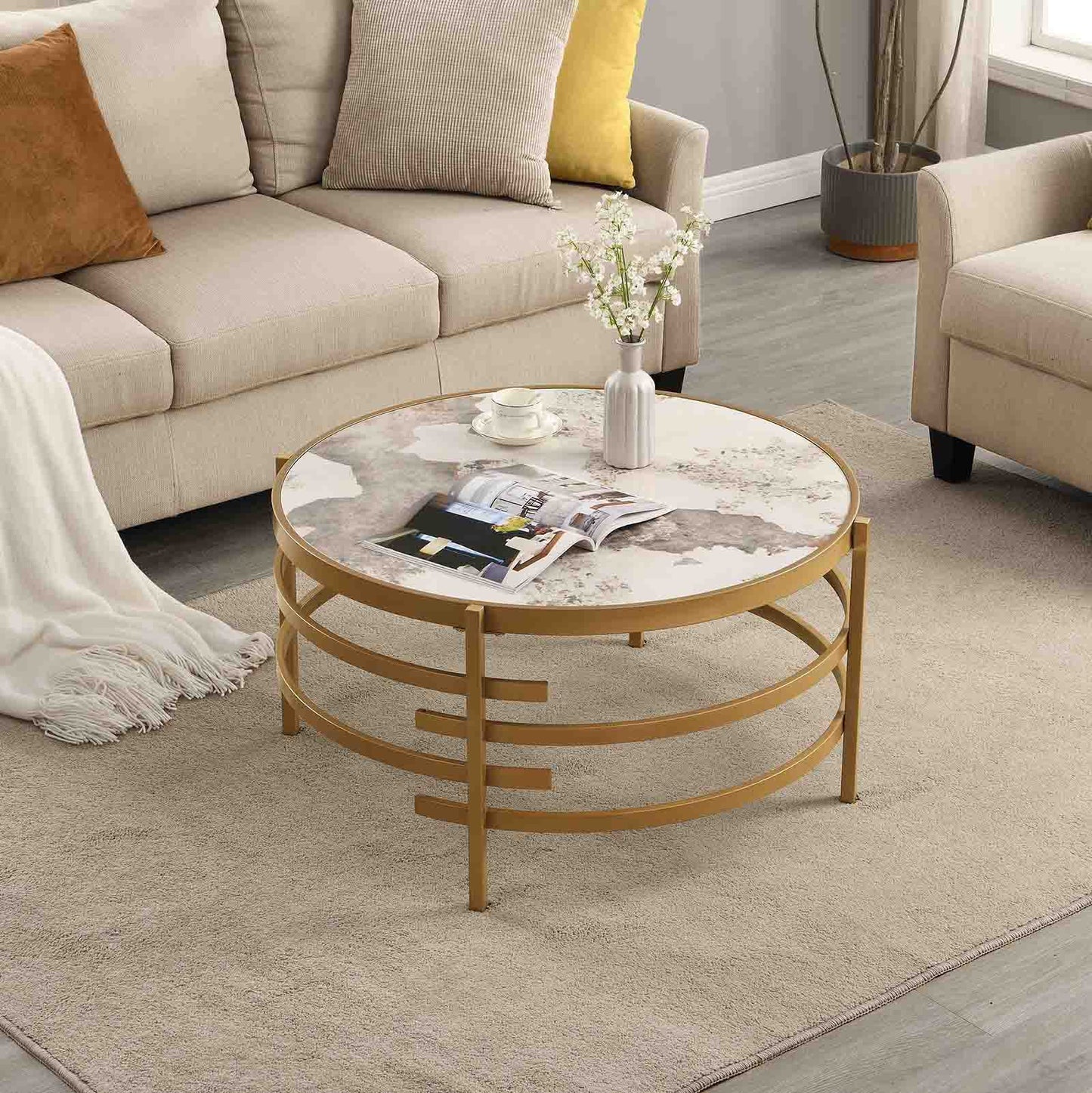 Modern Sintered Stone Coffee Table - Round Metal Frame