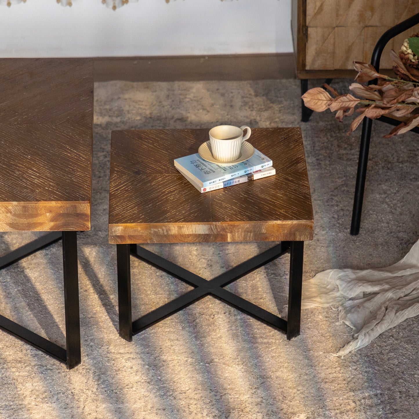 31.3" Square Coffee Table , Fir Wood Table Top with Cross Legs Metal Base (Set of 2 pcs )