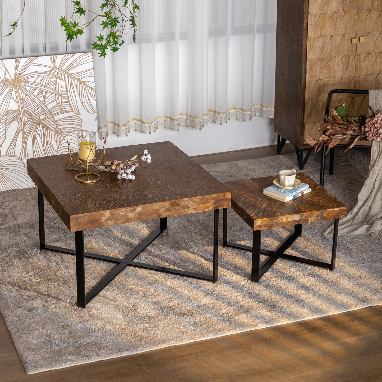 31.3" Square Coffee Table , Fir Wood Table Top with Cross Legs Metal Base (Set of 2 pcs )