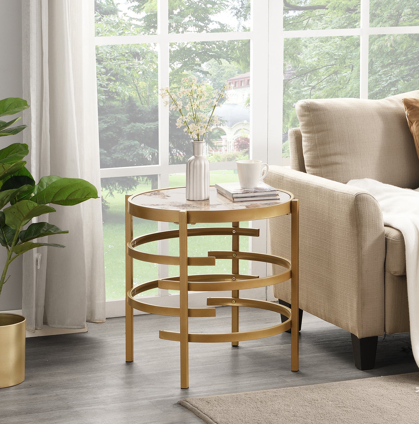 Modern Sintered Stone Coffee Table - Round Metal Frame